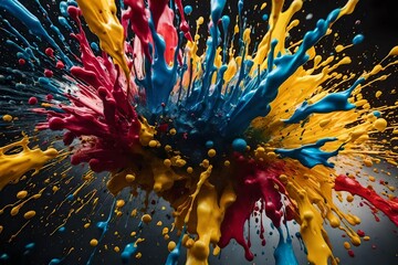 A dynamic explosion of vibrant paint splashes in various colors, frozen in mid-air, creating a visually stunning and energetic composition