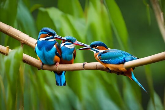 A pair of cute little birds, white-eyes, snuggling up on a branch of a fresh green tree against the blue sky to keep each other warm