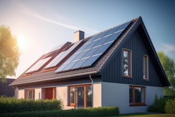 newly constructed homes with solar panels on the roof under a bright sky A close up of a brand new structure with dark solar panels. Zonneenergie, Translation Sun Energy, solar, Generative AI  - obrazy, fototapety, plakaty
