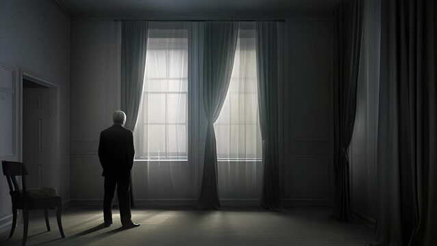 A closed window curtains the interior of a room where a lonely man wearing a black suit mourns his lost Psychology emotions concept.