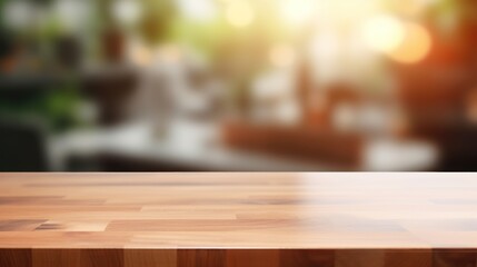 Wooden table on blurred kitchen bench background, Advertisement, Print media, Illustration, Banner, for website, copy space, for word, template, presentation - obrazy, fototapety, plakaty