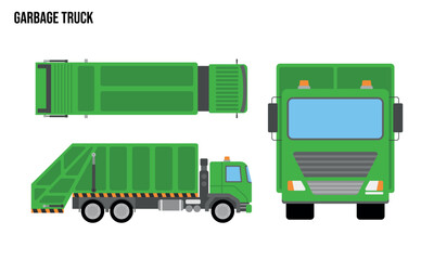 Garbage truck Flat design illustration, Public Vehicles , top view, side view, front view, isolated by white background