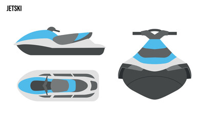 Jetski Flat design illustration, Public Vehicles , top view, side view, front view, isolated by white background