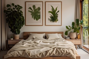 There are two empty picture frames in the bedroom. Large bed, pillows, and potted plants are present inside. Generative AI 