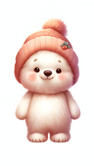 Cute cartoon polar bear wearing a peach hat, perfect image for children's books and winter holiday themed decorations.