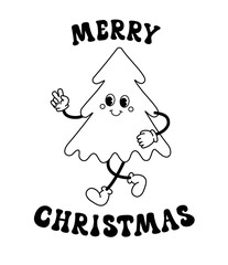Vector groovy retro cartoon outline tree with merry Christmas text isolated on white background