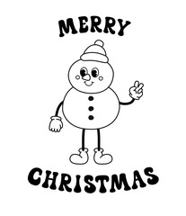 Vector groovy retro cartoon outline snowman with merry Christmas text isolated on white background