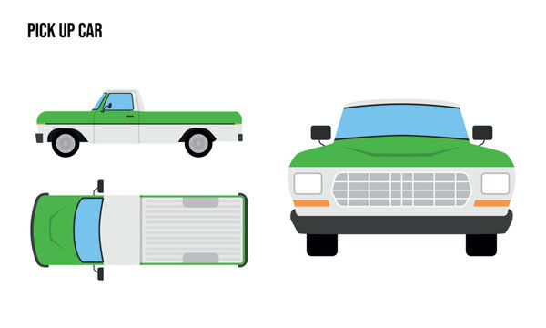 Pick Up truck Flat design illustration, Public Vehicles , top view, side view, front view, isolated by white background
