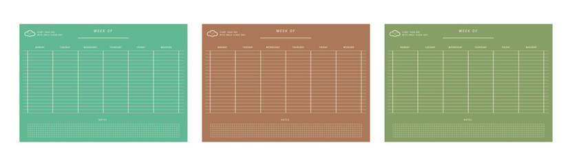 3 set of week of planner. Minimalist planner template set. Vector illustration. (forest) 