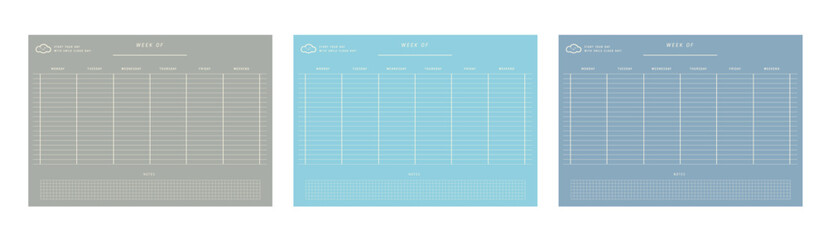 3 set of week of planner. Minimalist planner template set. Vector illustration. (Sky)