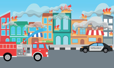 Fire Disaster at village take off by fireman and fire truck with police car, cartoon flat design illustration background