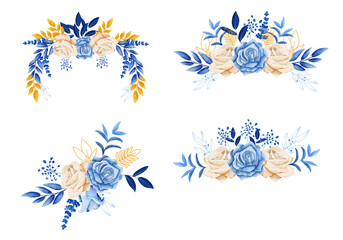 Fototapeta premium Watercolor blue roses floral bouquet, frame of blue rose, winter blue flower gentle clip art, for invitation, celebration, wedding invitation, etc.