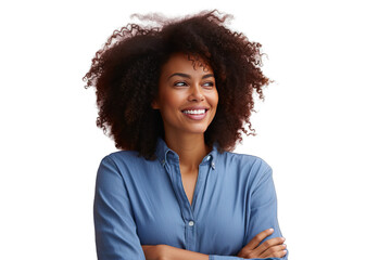 face expression enjoy curly space copy cool confident confidence cheerful attire casual beauty background attractive american afro african adult Beautiful happy black woman standing arms crossed - obrazy, fototapety, plakaty