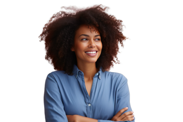 face expression enjoy curly space copy cool confident confidence cheerful attire casual beauty background attractive american afro african adult Beautiful happy black woman standing arms crossed