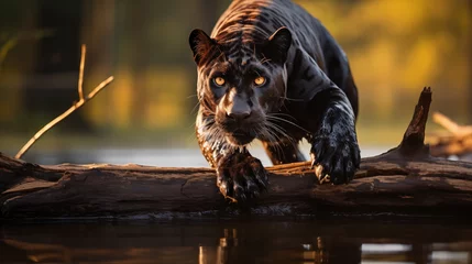 Tuinposter Black panther crossing a log over water at sunset. © LAJT