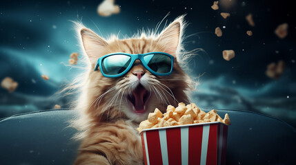 Ginger Cat with Sunglasses Watching a Movie and Eating Popcorn - obrazy, fototapety, plakaty