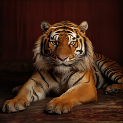 Obraz premium Portrait of a tiger lying down against a red backdrop