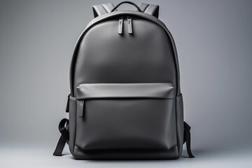 Modern black backpack on a gray background.