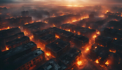 Drone view of a ruined city with flames everywhere - Generative AI	