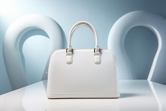 Elegant White Handbag On A Reflective Surface With Abstract Blue Background.