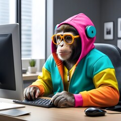 Monkey with computer, office worker concept, anthropomorphic animal