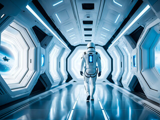 A man in a futuristic spacesuit walks down the cool-looking white corridor of a spaceship. - Generative AI	