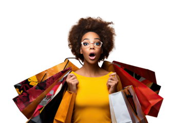 carry buyer buy black bag attractive space copy promotion shocked Beautiful fashionable African American woman colorful shopping bags surprised sale concept isolated yellow banner background