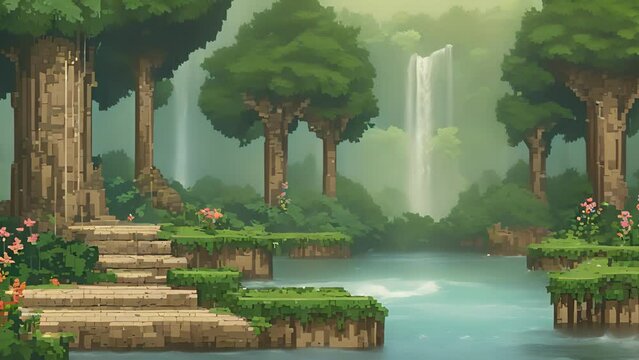 hidden spring tucked away dense forest, with enchanting waterfall cascading into crystal clear waters. gentle rain drizzling down creates peaceful soundtrack. stream overlay animation