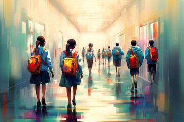many children students with schoolbag backpacks in school corridor, abstract painting-like neural network ai generated art, picture produced with ai, Generative AI  - obrazy, fototapety, plakaty