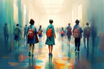 many children students with schoolbag backpacks in school corridor, abstract painting-like neural network ai generated art, picture produced with ai, Generative AI 