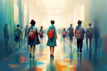 Foto op Plexiglas many children students with schoolbag backpacks in school corridor, abstract painting-like neural network ai generated art, picture produced with ai, Generative AI  © Vasudha