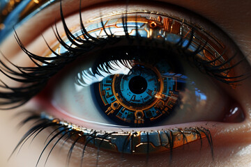 Close-up of a human eye with digital augmentation, representing futuristic vision or cybernetics.