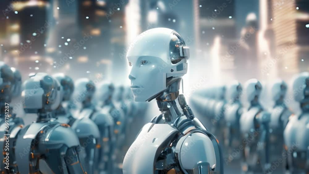 Poster a futuristic digital landscape showcasing a group of intelligent robots surrounding a human figure, 