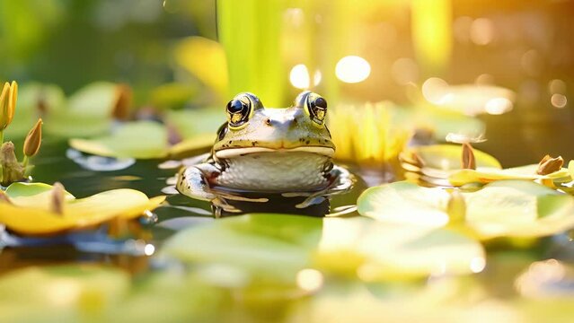 Closeup of a frog perched on a lily pad, its eyes catching the moons reflection as it glides through the water.