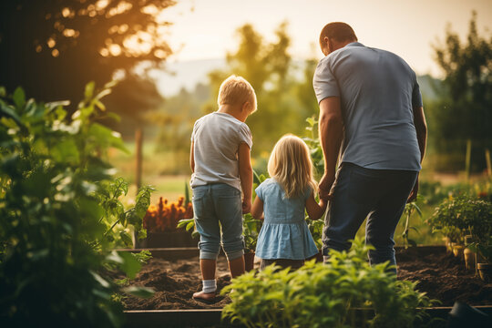 Family engaged in gardening or farming activities, leaving room for quotes on nurturing bonds