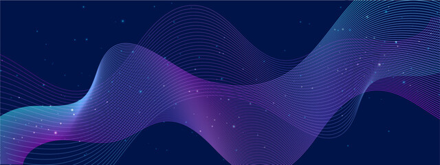 Blue black and purple violet vector abstract line modern tech on neon background. Technology abstract lines on with wave swirl, frequency sound wave, twisted curve lines with blend effect. - obrazy, fototapety, plakaty