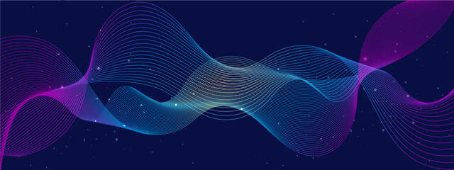 Blue yellow and purple violet vector glowing tech line modern abstract background. Technology abstract lines on with wave swirl, frequency sound wave, twisted curve lines with blend effect. - obrazy, fototapety, plakaty