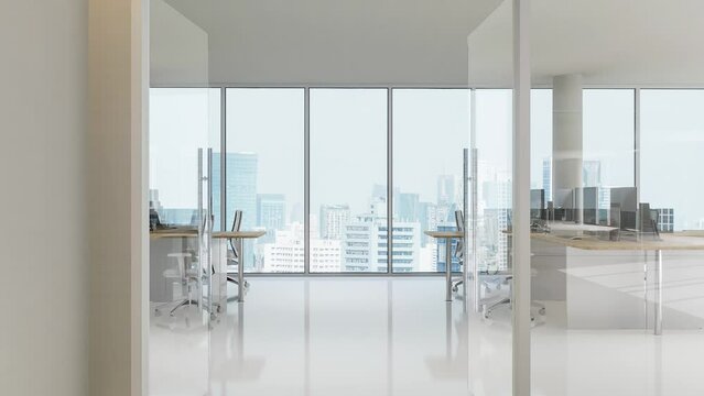 3d animation of minimal style white office there are white floor, glass clear parttion wall white ceiling with hidden warm lighting, with large windows overlooking the city
