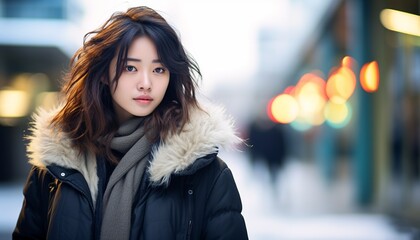 Fashion portrait candid shot of a beautiful asian japanese woman outdoors on winter, christmas bokeh lights at the background - obrazy, fototapety, plakaty