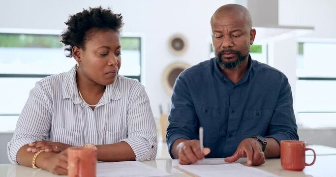Black Couple, Writing And Documents With Lawyer In Agreement, Application Or Signing Legal Paperwork At Home. African Man And Woman Filing Divorce, Shares Or Mortgage Assets With Attorney At House