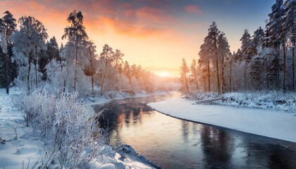 Generated image of a winter sunset over the river flowing through a snowy forest