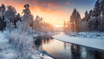 Fototapeten Generated image of a winter sunset over the river flowing through a snowy forest © Brian