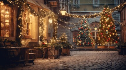 Fototapeta na wymiar Old town street Christmas illumination and decorations. New Year tree. AI Generated