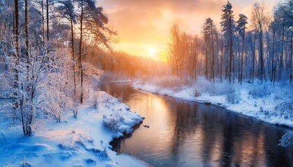 Generated image of a winter sunset over the river flowing through a snowy forest