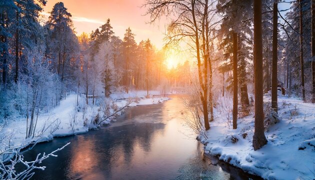 Generated image of a winter sunset over the river flowing through a snowy forest