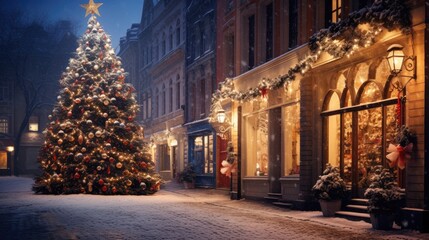 Decorated and illuminated Christmas tree in the street of an old town. Snowy night. New Year ambience. AI Generated