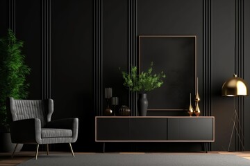 Modern luxury living room interior background, living room interior mockup, interior with black walls, dark interior of living room with black wall, chair and wooden console. Generative AI 