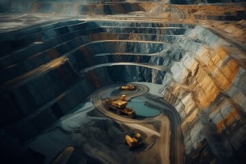mining at a height. industrial terraces on a mineral mine with an open pit. opencast mining as seen from above. Exploration of a dolomite mine. extractive sector. massive excavator, Generative AI  - obrazy, fototapety, plakaty