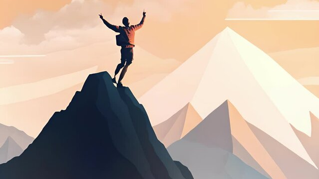 A mountain climber with their arms raised in victory reaching the peak and feeling proud of their individual Psychology emotions concept.