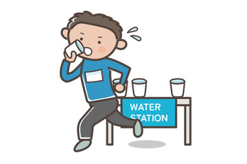 マラソン大会で給水所で水を飲む男性のイラスト